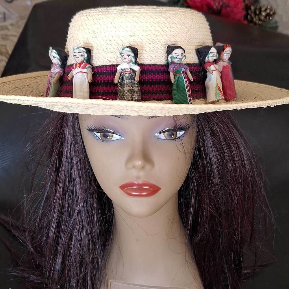 Vintage Guatemalan Worry Doll Straw Hat Boho Panama